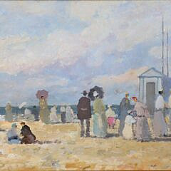 Oil on Board “Beach Scene with Figures Conversing and Bathing Cabins”