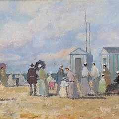 Oil on Board “Beach Scene with Figures Conversing and Bathing Cabins”