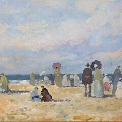 Oil on Board “Beach Scene with Figures Conversing and Bathing Cabins”