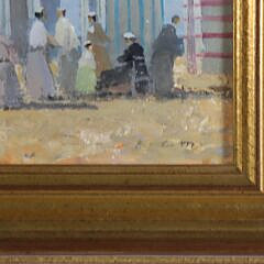 Oil on Board “Beach Scene with Figures Conversing and Bathing Cabins”