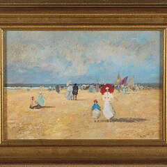 Oil on Board “Beach Scene with Strolling Figures and Sailboats in the Distance”