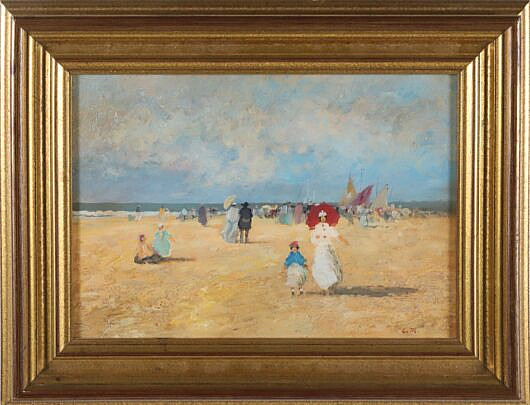 Oil on Board "Beach Scene with Strolling Figures and Sailboats in the Distance"