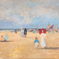 Oil on Board “Beach Scene with Strolling Figures and Sailboats in the Distance”