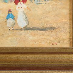 Oil on Board “Beach Scene with Strolling Figures and Sailboats in the Distance”