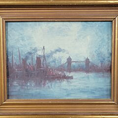 Antique Oil on Board Impressionist London Bridge Harbor Painting