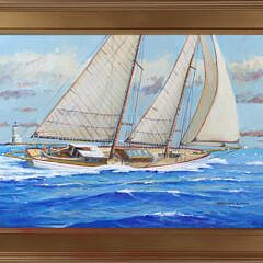 William Lowe Oil on Canvas “Hard Driving Schooner Passing Angeles Gate Los Angeles Harbor”