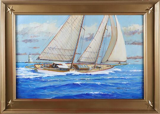 William Lowe Oil on Canvas "Hard Driving Schooner Passing Angeles Gate Los Angeles Harbor"