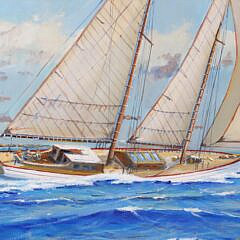 William Lowe Oil on Canvas “Hard Driving Schooner Passing Angeles Gate Los Angeles Harbor”