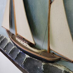 Antique American Folk Art Sailing Yacht Half Hull Diorama