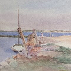 Jane Brewster Reid (1862-1966) Nantucket Watercolor View “Swain’s Wharf”
