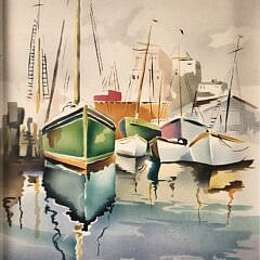 Pair of Art Deco Airbrush Watercolor Nantucket Harbor Scenes
