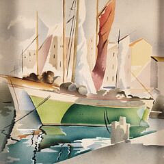 Pair of Art Deco Airbrush Watercolor Nantucket Harbor Scenes