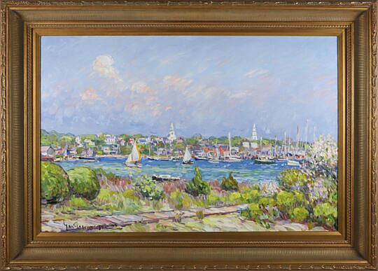 Jan Pawlowski (Polish-American Contemporary) Oil on Canvas "View of the Town of Nantucket from Monomoy"