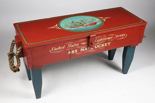 Contemporary "Nantucket Lightship" Painted Decorated Box on Stand