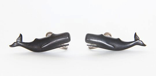 Pair of Charlie Sayle Sr. Carved Ebony Whale Earrings