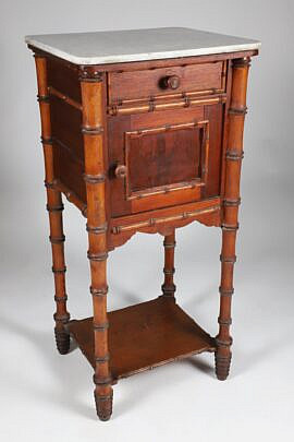 Marble Top Bamboo Side Table with Cabinet Door and Drawer