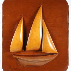 Vintage Carved Two-Masted Yacht Half Hull Plaque, circa 1950