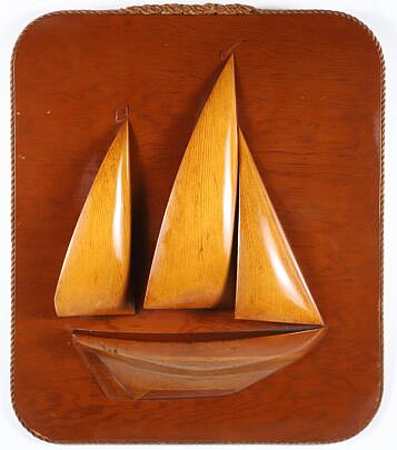 Vintage Carved Two-Masted Yacht Half Hull Plaque, circa 1950