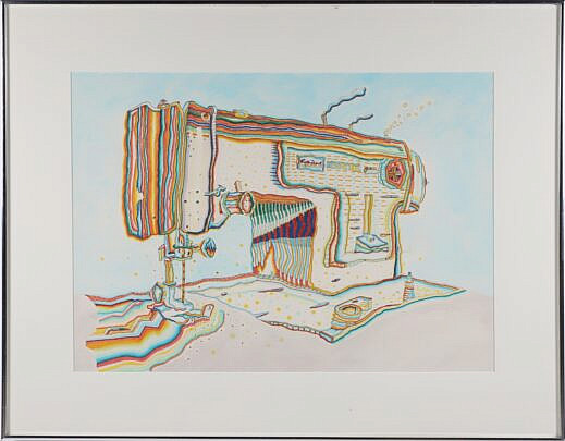 J. Bradford Contemporary Gouache and Marker Painting "Sewing Machine" circa 1976