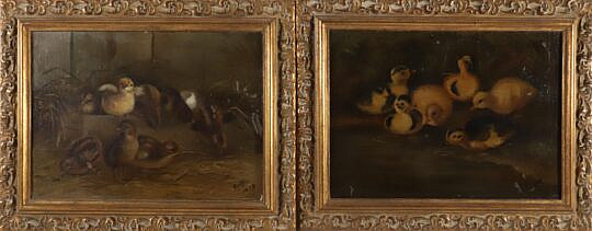 Pair of Oils on Panels "Barnyard Baby Chicks", 1894