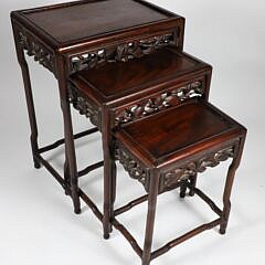 Nesting Set of Three Carved Mahogany End Tables