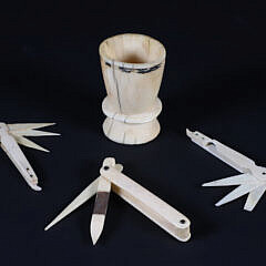 Antique Whaler Made Group of Three Hygiene Tools and One Carved Bone Cup with Scrimshaw Rim