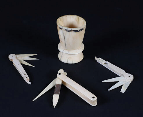 Antique Whaler Made Group of Three Hygiene Tools and One Carved Bone Cup with Scrimshaw Rim