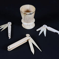 Antique Whaler Made Group of Three Hygiene Tools and One Carved Bone Cup with Scrimshaw Rim
