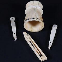Antique Whaler Made Group of Three Hygiene Tools and One Carved Bone Cup with Scrimshaw Rim