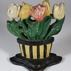 Antique Painted Cast Iron Tulip Flower Basket Doorstop