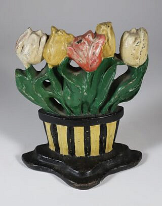 Antique Painted Cast Iron Tulip Flower Basket Doorstop