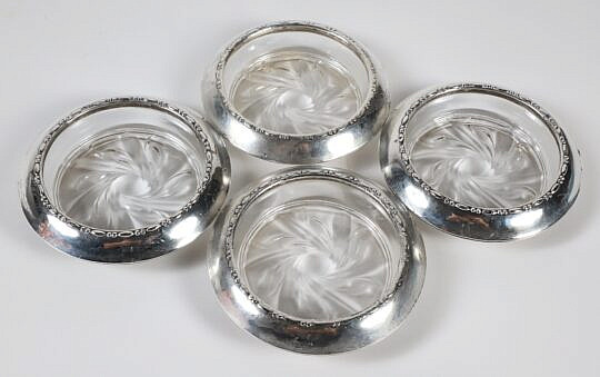 Set of Four Sterling and Crystal Coasters
