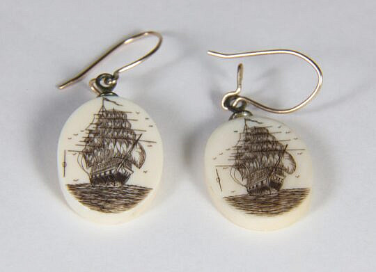 Pair of Scrimshawed Clipper Ship Dangle Earrings