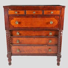 American Tiger Maple and Mahogany Chest of Drawers, circa 1840