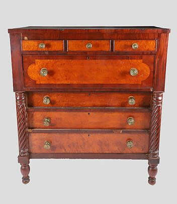 American Tiger Maple and Mahogany Chest of Drawers, circa 1840