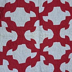 American Vintage Red and White Monkey Wrench Patchwork Quilt, circa 1940s