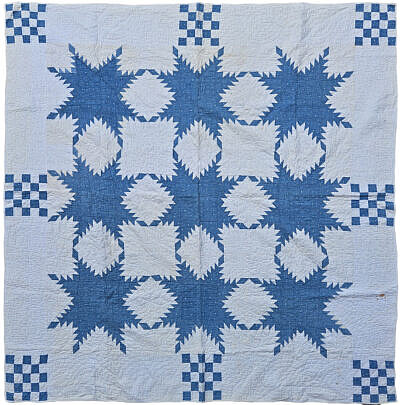 Blue and White Snowflake Pattern Quilt, 19th Century