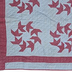 American Red and White Calico “Ring of Flying Geese” Patchwork Quilt, circa 1930s