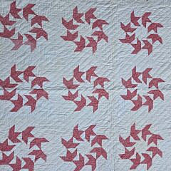 American Red and White Calico “Ring of Flying Geese” Patchwork Quilt, circa 1930s