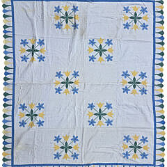 Vintage Blue, Green, and Yellow Tulip Patchwork Quilt, circa 1930s