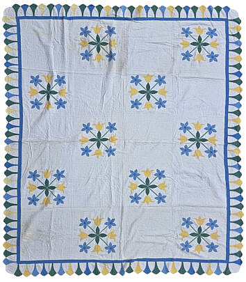 Vintage Blue, Green, and Yellow Tulip Patchwork Quilt, circa 1930s