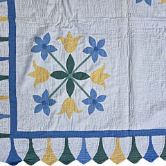 American Vintage Blue, Green, and Yellow Tulip Patchwork Quilt, circa 1930s