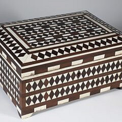 Teak Wood and Bone Geometric Inlaid Box