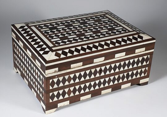 Teak Wood and Bone Geometric Inlaid Box