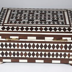 Teak Wood and Bone Geometric Inlaid Box