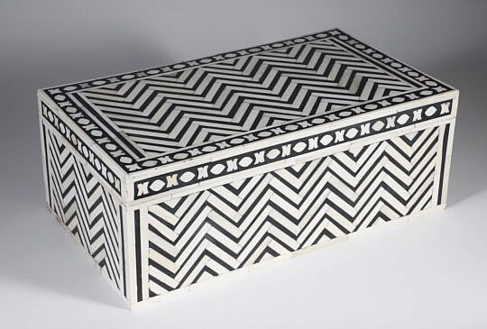 Teak Wood and Bone Geometric Inlaid Box