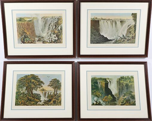Four Framed 1865 Lithographs of Waterfalls by T. Baines