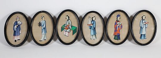 Set of Six Chinese Export Watercolors on Paper, 19th Century