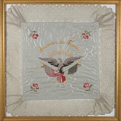 Framed Souvenir de France Silk Embroidered Panel World War I Era circa 1917-20