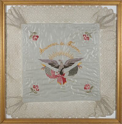 Framed Souvenir de France Silk Embroidered Panel World War I Era circa 1917-20